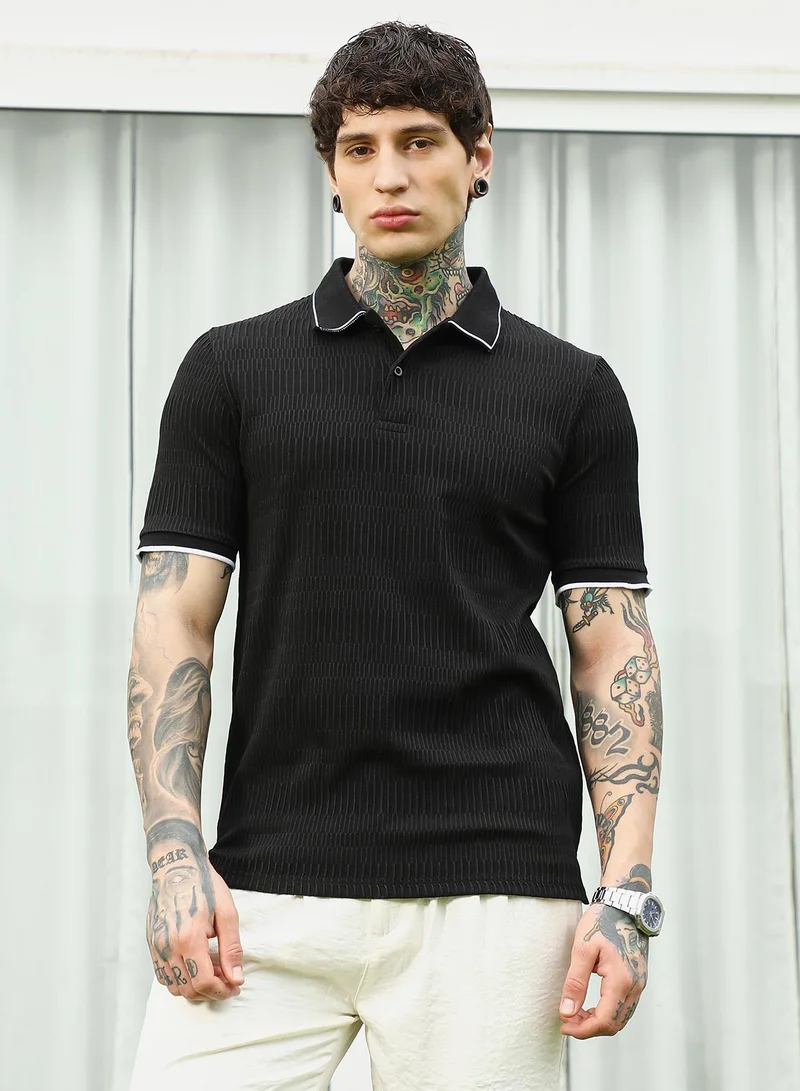 CAHOOT  Men's Textured Black Polo T-Shirt with Contrast Trim for Men | Best Price UAE