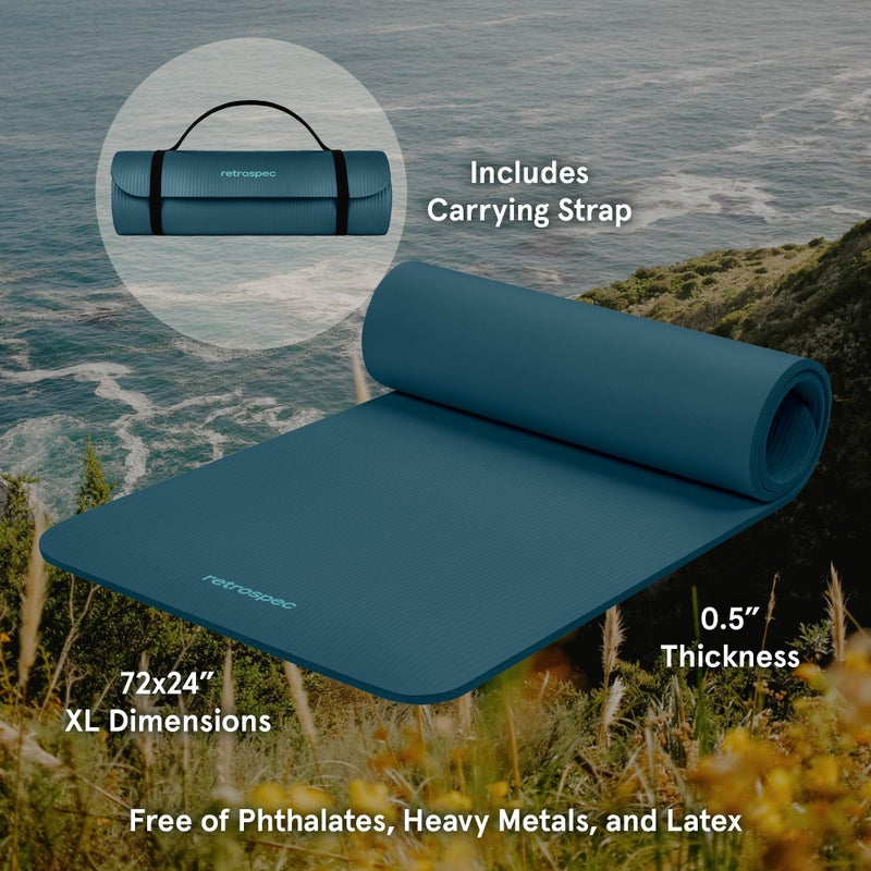 Retrospec Retrospec Solana Yoga Mat 1/2" Thick w/Nylon Strap for Men & Women - Non Slip Excercise Mat for Yoga, Pilates, Stretching, Floor & Fitness Workouts ,Ocean Blue - Image 2