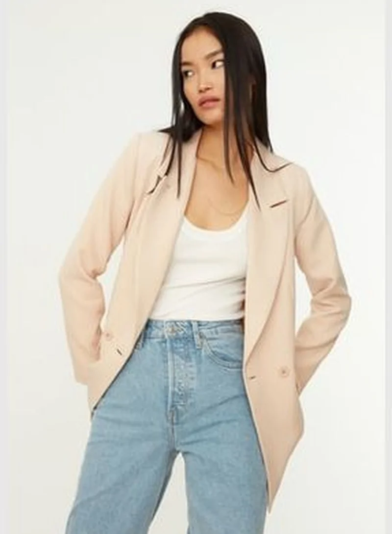 trendyol Beige Regular Lined Double Breasted Blazer with Closure TWOSS20CE0059