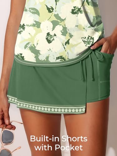 Summer Mae Women's Tankini Swimsuits with Skirt Two Piece Tummy Control Bathing Suits Printed Swimdress Swimwear 2026 Pale Yellow Floral Print Size 12 - Image 5
