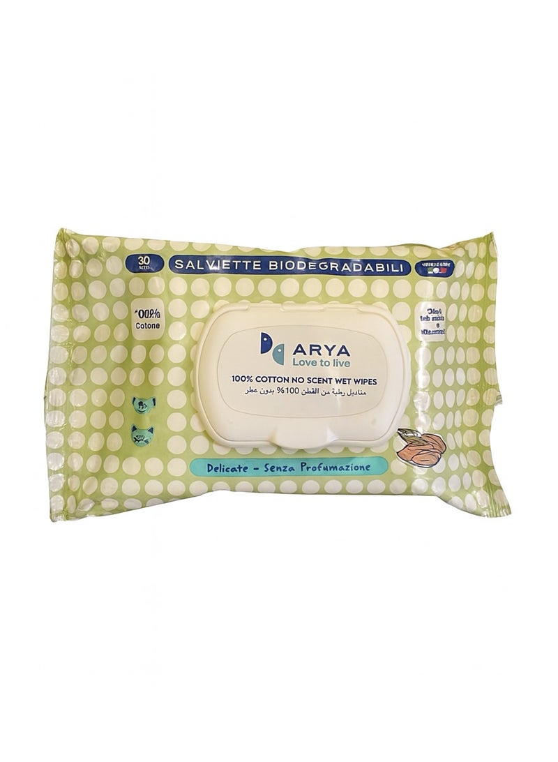 Aryaa Cat Wipes Unscented 100% Cotton- 30 Wipes - Italian Made Cat Wet Wipes