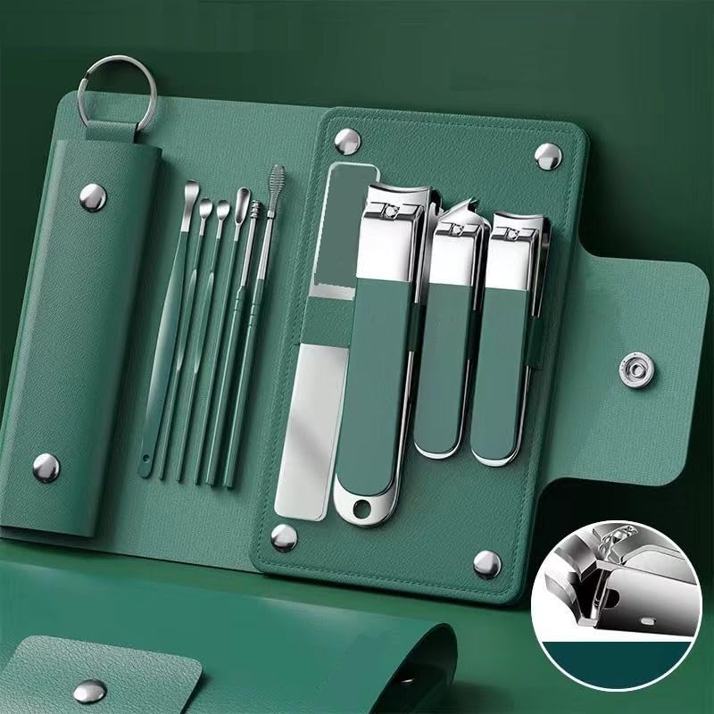 YOMITH Nail Clippers Set, Stainless Steel Portable Nail Cutter Kit with Ear pick Set Leather Pouch for Men, Women (DARK GREEN, 10 Pcs Set) - Image 1