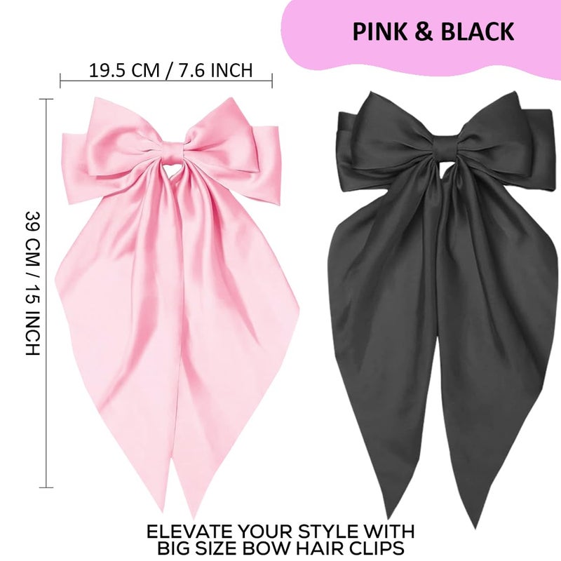 kapimo 2 Pcs Bow Hair Clips for Women Girls Satin layered Barrette Ribbon Hairclips Stylish Cute Hair Accessories (Pink - Black) - Image 2