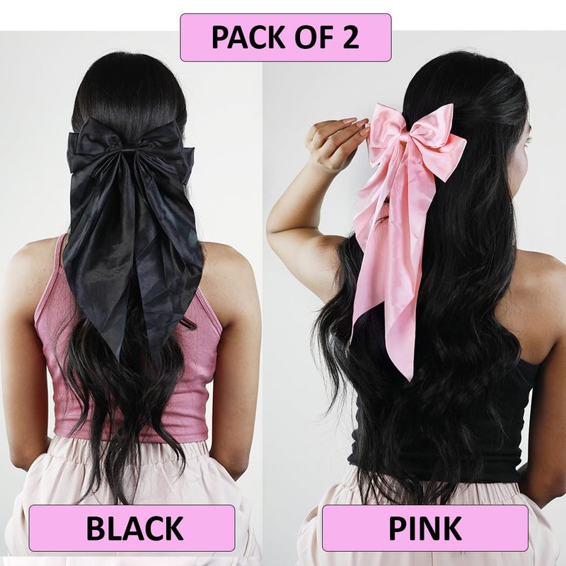 kapimo 2 Pcs Bow Hair Clips for Women Girls Satin layered Barrette Ribbon Hairclips Stylish Cute Hair Accessories (Pink - Black) - Image 3