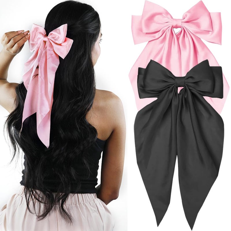 kapimo 2 Pcs Bow Hair Clips for Women Girls Satin layered Barrette Ribbon Hairclips Stylish Cute Hair Accessories (Pink - Black) - Image 1