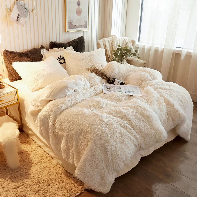 XeGe Plush Shaggy Duvet Cover Luxury Ultra Soft Crystal Velvet Fuzzy Bedding 1PC Fluffy Furry Comforter Cover for Bedroom Home Decoration1 Faux Fur Duvet Cover Zipper Closure Twin Light Beige