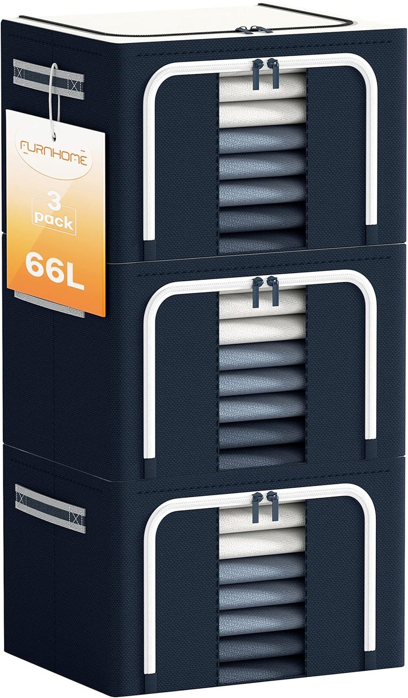 Furnhome Clothes Storage Organizer Bins Stackable Storage BinsFoldable Oxford Cloth Steel Frame Storage Box For Clothing With Clear Window Reinforced Handles Navy 66L3Pcs Fabric - Image 1