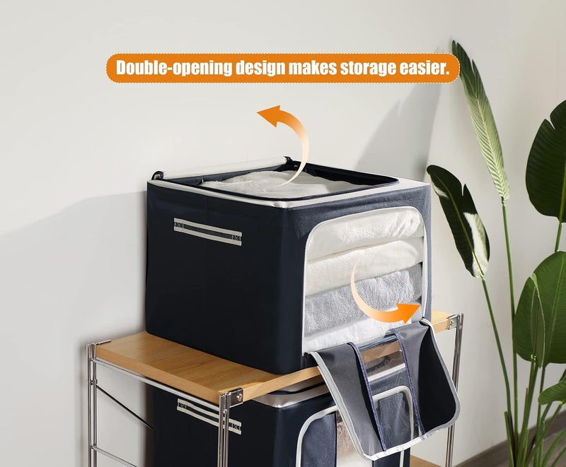 Furnhome Clothes Storage Organizer Bins Stackable Storage BinsFoldable Oxford Cloth Steel Frame Storage Box For Clothing With Clear Window Reinforced Handles Navy 66L3Pcs Fabric - Image 3