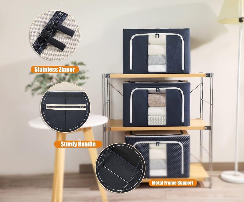 Furnhome Clothes Storage Organizer Bins Stackable Storage BinsFoldable Oxford Cloth Steel Frame Storage Box For Clothing With Clear Window Reinforced Handles Navy 66L3Pcs Fabric - Image 4