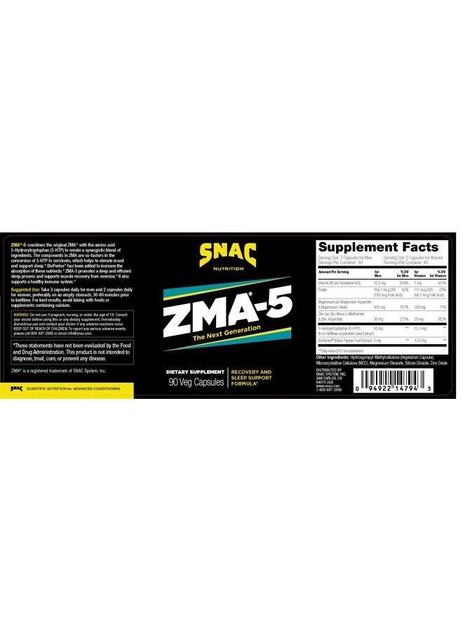 SNAC ZMA-5 Sleep Aid Supplement, Promote Muscle Recovery & Growth, Immune Support, & Restorative Sleep with Zinc, Magnesium & 5-HTP, Post Workout, Before Bed ZMA Supplements 180 Count (2 Pack) - Image 2