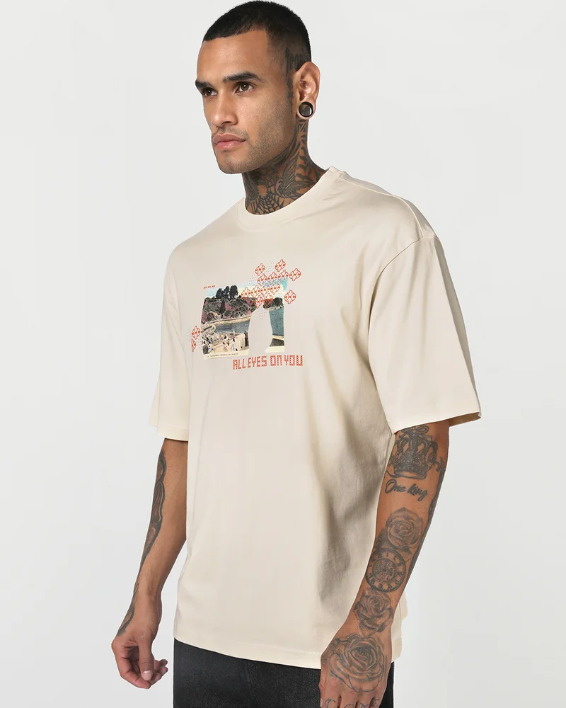 بيواكوف Men's Beige Omni Present Graphic Printed Oversized T-shirt