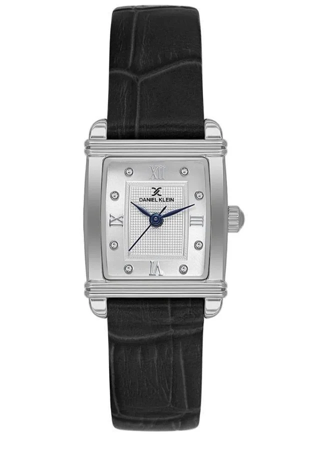 Daniel Klein Women's Leather Silver Alloy Case Analog Silver Square Emboss Dial Japanese Quartz Premium 30 Meters Water Resistant