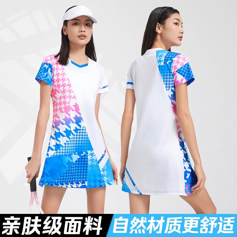 Generic Womens Tennis Suit dress suit Short-sleeved Training Suit Printed Sportswear Competition Suit Badminton Suit Quick-drying 8811 white dress [comes with lining]