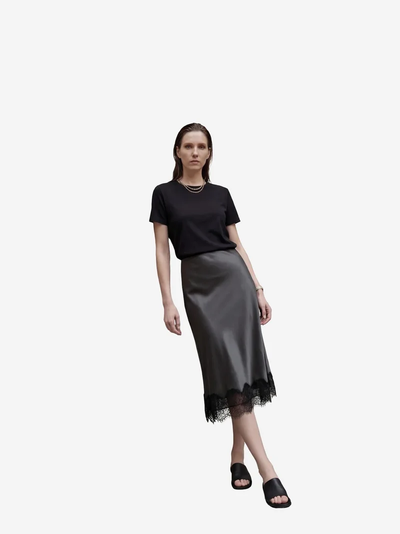 MY FASHION Black MY FASHION Lace Detailed Satin Midi Skirt for Women | Best Price UAE