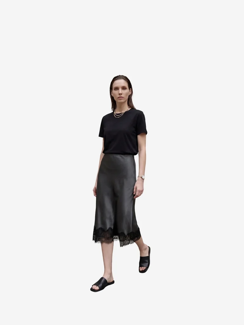MY FASHION Lace Detailed Satin Midi Skirt