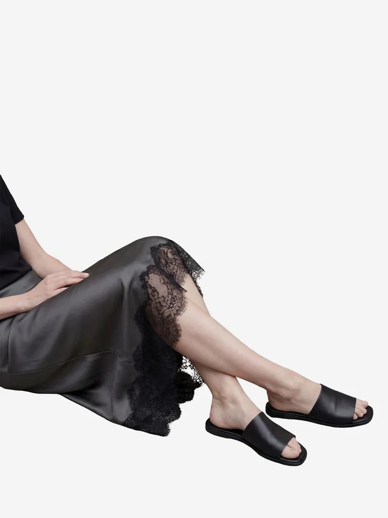 MY FASHION Black MY FASHION Lace Detailed Satin Midi Skirt for Women | Best Price UAE