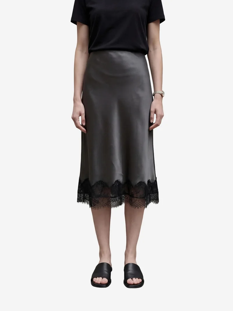 MY FASHION Black MY FASHION Lace Detailed Satin Midi Skirt for Women | Best Price UAE