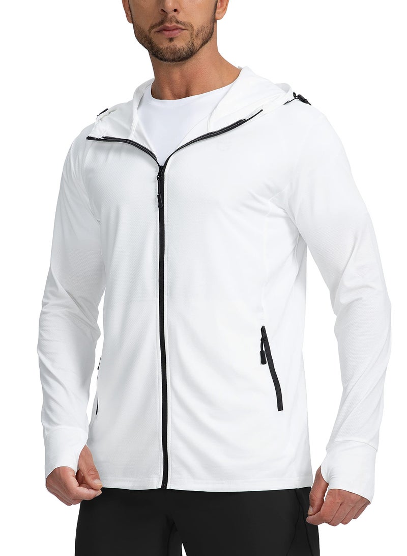 Sejuani Men's UPF 50+ Light Jacket Full Zip Sun Protection Hoodie Long Sleeve Sun Shirts for Men Hiking Fishing Zip Pockets(White_S) - Image 1