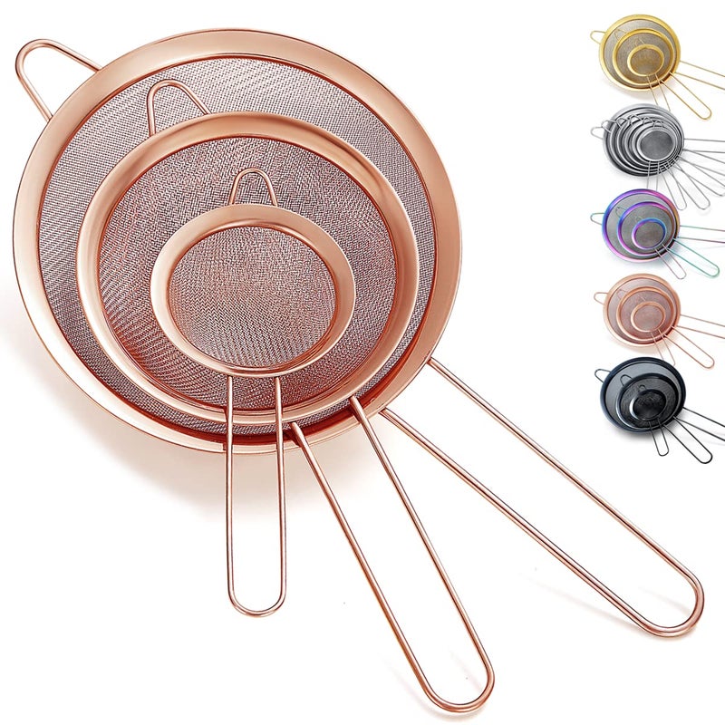 Kyraton Rose Gold Fine Mesh Strainer 3 Pieces Set Copper Flour Sifter For Baking Stainless Steel Clander Matcha Tea Strainer Gravy Separator Stasher Sieve Pasta Strainers