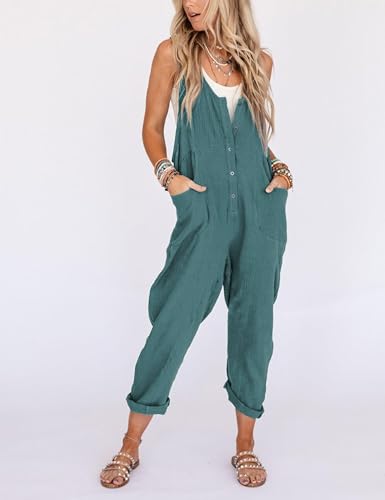 Yeokou Womens Overalls Linen Cotton Jumpsuits Loose Casual Jumpers with Pockets(LakeBlue-Medium) - Image 3