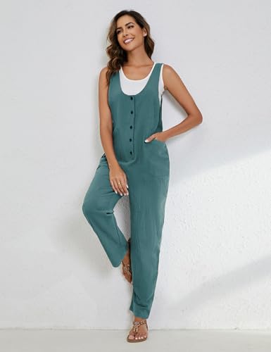 Yeokou Womens Overalls Linen Cotton Jumpsuits Loose Casual Jumpers with Pockets(LakeBlue-Medium) - Image 5