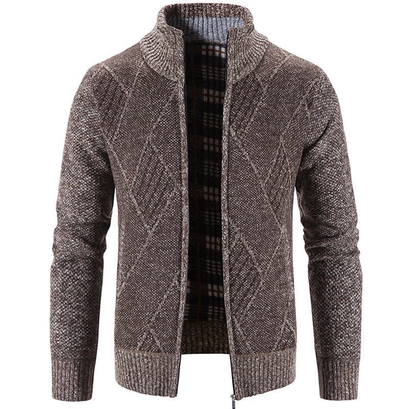 Sweater Top Autumn and Winter Solid Color Cardigan Casual All-match Slim-fit Collar Mens Zipper Collar Handsome Jacket 8859 coffee