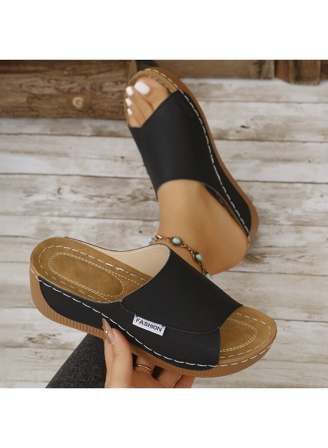 NIBEMINENT Casual Thick Heel Slip-On Shoes Women's Footwear Fish Mouth Wedge Heel Flat Slippers Wide Strap Simple Fashion Ladies Sandals - Image 2