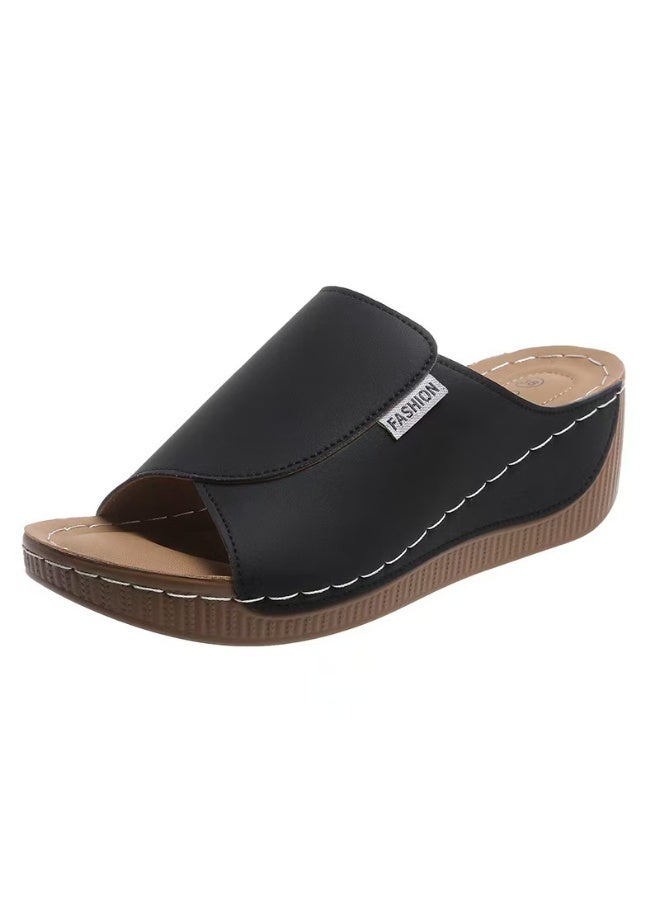 NIBEMINENT Casual Thick Heel Slip-On Shoes Women's Footwear Fish Mouth Wedge Heel Flat Slippers Wide Strap Simple Fashion Ladies Sandals - Image 1