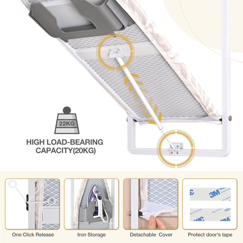 KINGBOARD Over Door Ironing Board, Hanging Ironing Board with Iron Holder, 36" X 12" Compact Fold Down Iron Board for Small Spaces, Removable Heat Resistant Cover, White - Image 3