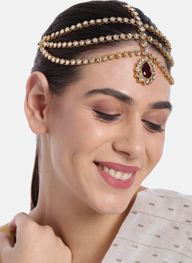 أهلي Aheli الهندي التقليدي بوليوود فو اللؤلؤ Maang Tikka Matha Patti هدية للنساء مجوهرات المارون - Image 3