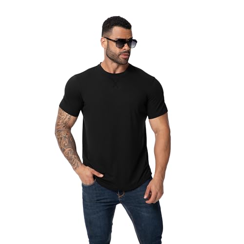 TEZO Mens 3 Pack Plain Cotton Shirts Short Sleeve Casual Crew Neck T-Shirts Hipster Hip Hop Longline Tees Shirts Drop Cut Curved Hem Shirt (BKBKBK M) Black/Black/Black - Image 3