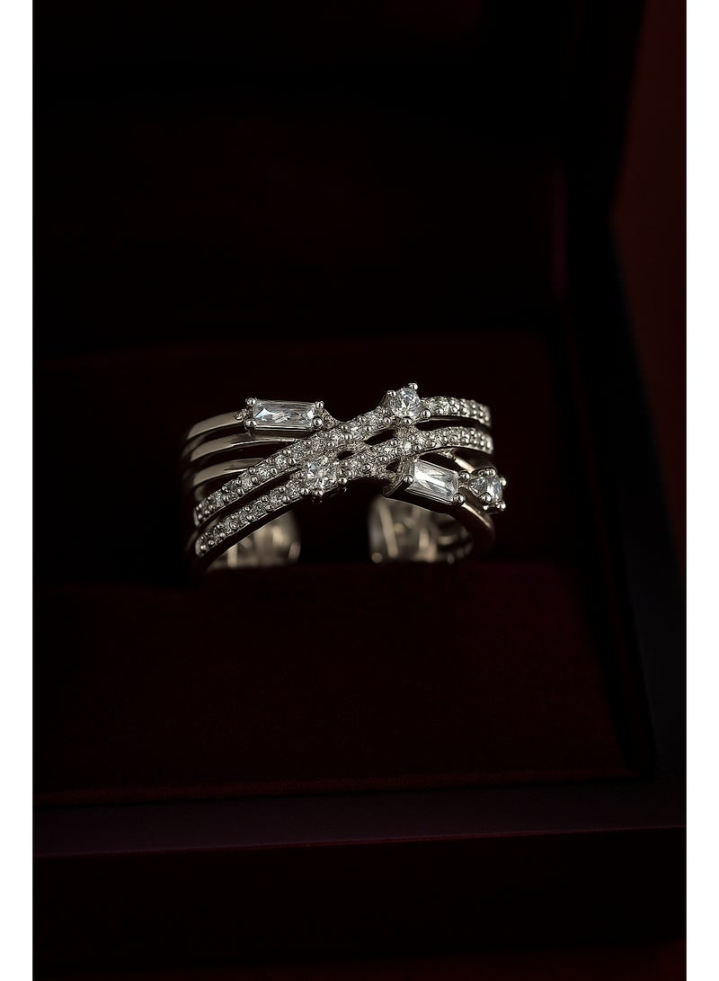 3Diamonds Platinum & Rhodium-Plated Wide Silver Ring – Adjustable with Mixed Zircon Cuts - Image 2