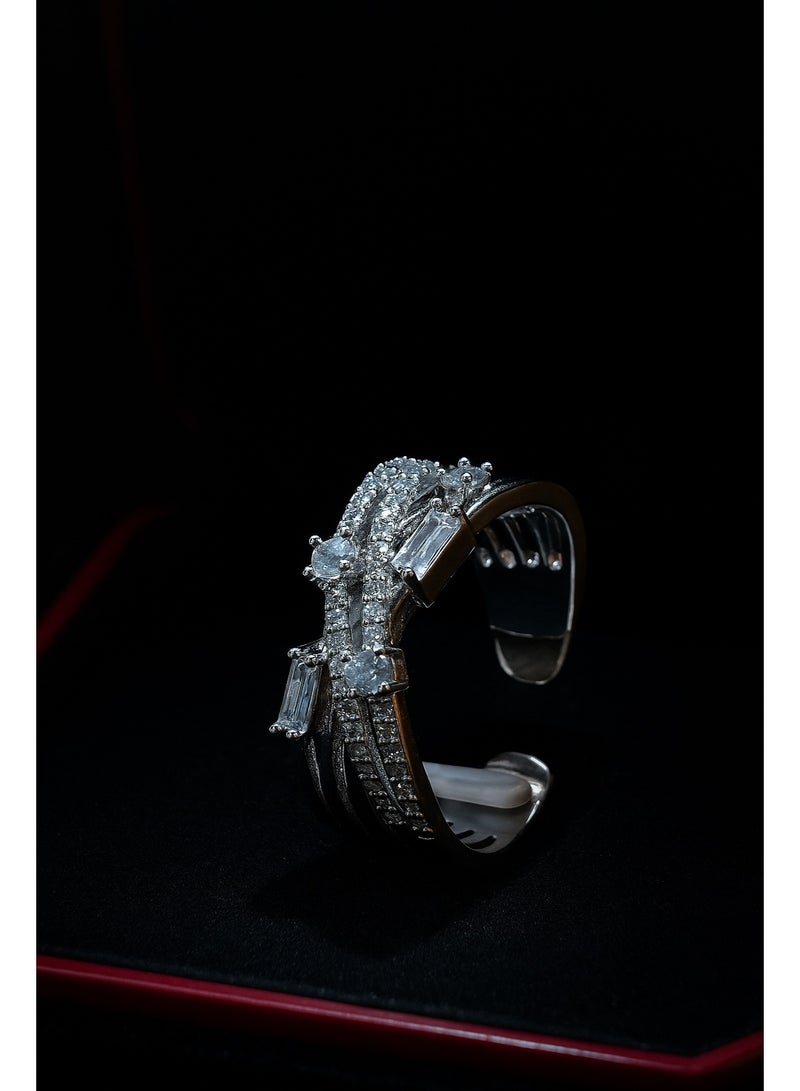 3Diamonds Platinum & Rhodium-Plated Wide Silver Ring – Adjustable with Mixed Zircon Cuts - Image 5