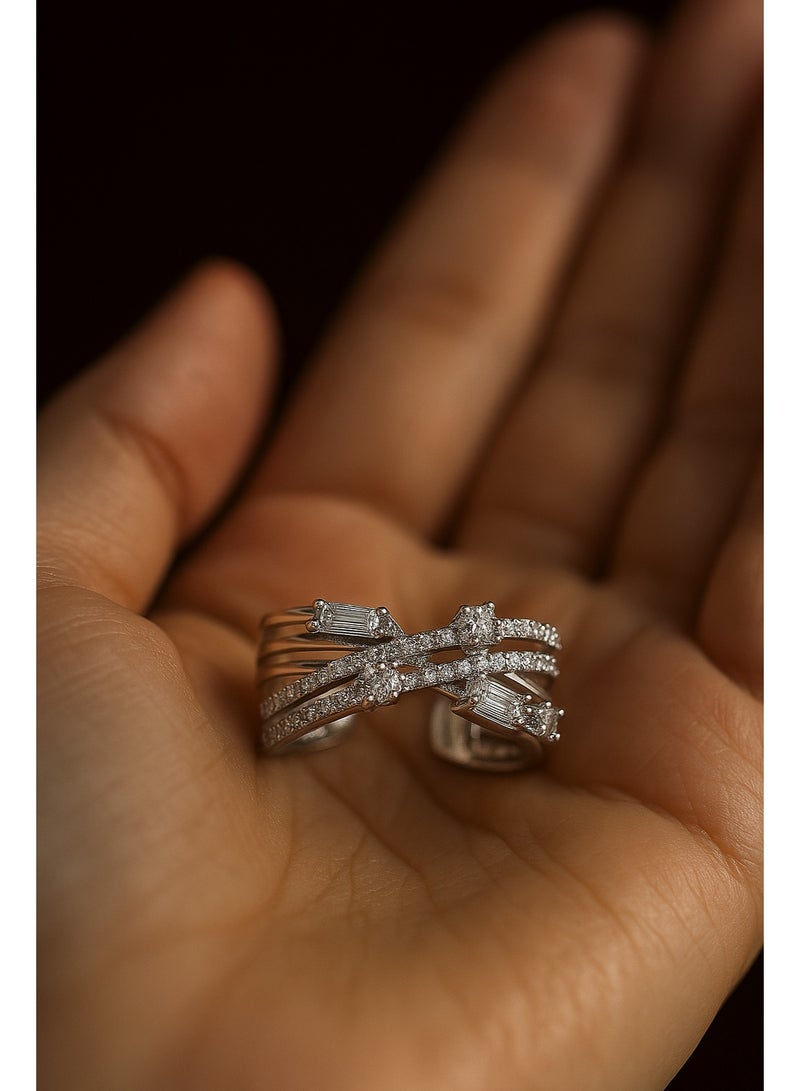 3Diamonds Platinum & Rhodium-Plated Wide Silver Ring – Adjustable with Mixed Zircon Cuts - Image 3