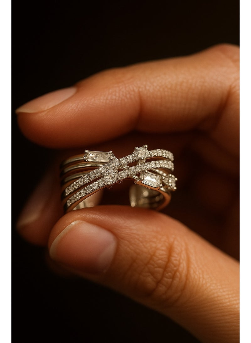 3Diamonds Platinum & Rhodium-Plated Wide Silver Ring – Adjustable with Mixed Zircon Cuts - Image 4