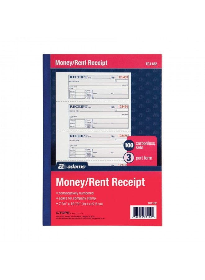 Adams Money and Rent Receipt Book, 3-Part, Carbonless, White/Canary/Pink, 7-5/8" x 10-7/8", Bound Wraparound Cover, 100 Sets per Book, 4 Receipts per Page (TC1182) - Image 1