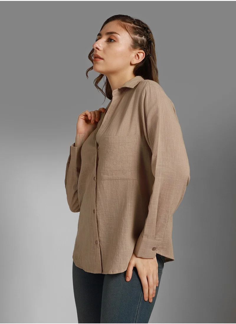 HIGH STAR Women's Classic Spread Collar Cotton Casual Shirt in Taupe with Long Sleeves