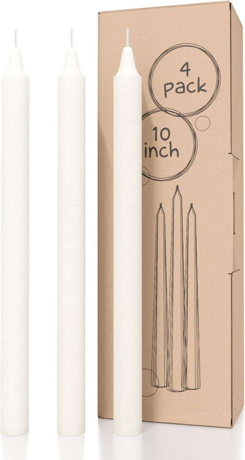 CANDWAX Ivory Taper Candles Pack of 4 - Slow Burning Dripless Unscented Straight Candles 10 inch - Ideal for Dinner Table - Smokeless Long Candlesticks - Image 1
