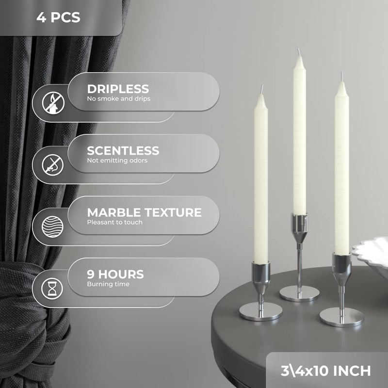 CANDWAX Ivory Taper Candles Pack of 4 - Slow Burning Dripless Unscented Straight Candles 10 inch - Ideal for Dinner Table - Smokeless Long Candlesticks - Image 2