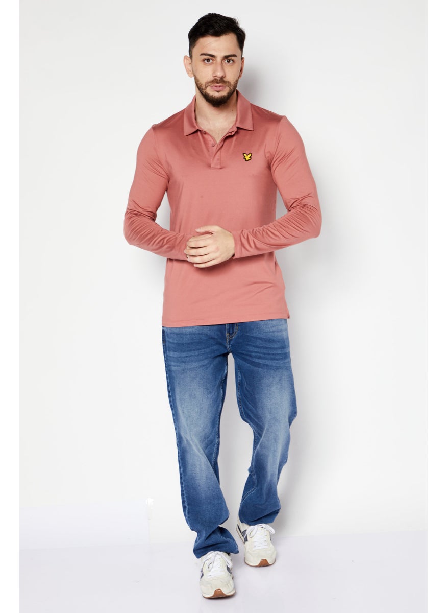 Lyle & Scott - Men Spread Collar Long Sleeve Brand Logo Polo Shirt, Rust Peach - Image 1