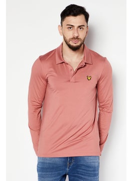 Men Spread Collar Long Sleeve Brand Logo Polo Shirt, Rust Peach