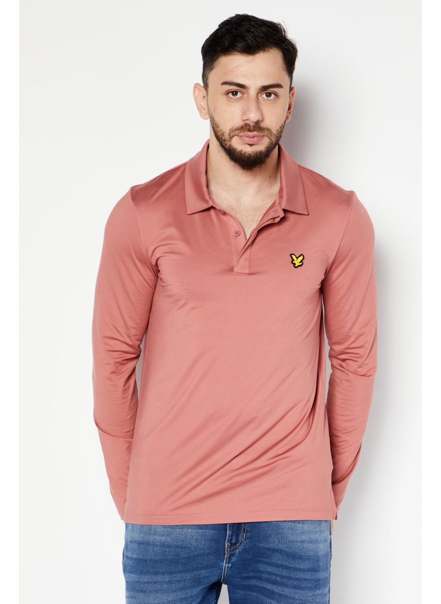 Lyle & Scott - Men Spread Collar Long Sleeve Brand Logo Polo Shirt, Rust Peach - Image 1