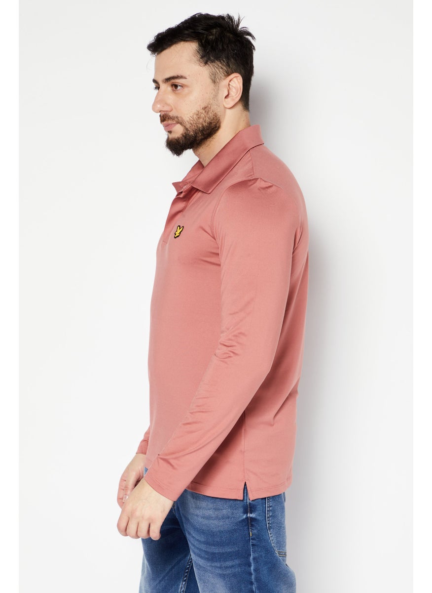 Lyle & Scott - Men Spread Collar Long Sleeve Brand Logo Polo Shirt, Rust Peach - Image 1