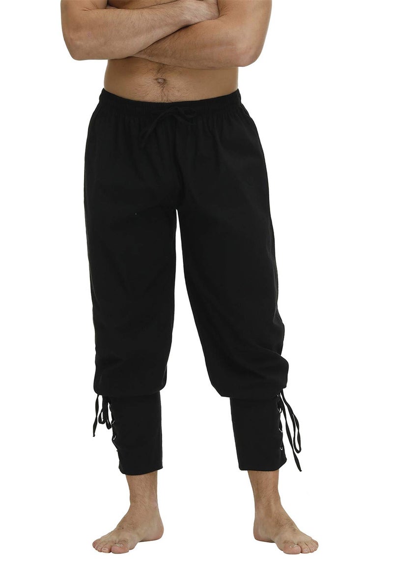 Zhitunemi Men's Ankle Banded Cuff Renaissance Pants Medieval Viking Navigator Trousers Pirate Cosplay Costume with Drawstrings Black-XL - Image 4