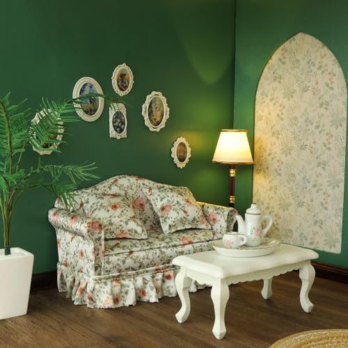 iLAND Dollhouse Furniture of Miniature Couch with Coffee Table the Beautiful Doll House Furniture Set fit 112 scale accessories Elegant Rose and Birds Customized Fabric and Amazing Pleated Handiwork - Image 1