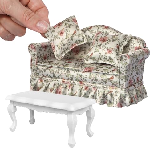 iLAND Dollhouse Furniture of Miniature Couch with Coffee Table the Beautiful Doll House Furniture Set fit 112 scale accessories Elegant Rose and Birds Customized Fabric and Amazing Pleated Handiwork - Image 5