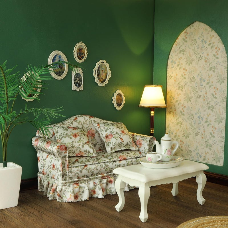 iLAND Dollhouse Furniture of Miniature Couch with Coffee Table the Beautiful Doll House Furniture Set fit 112 scale accessories Elegant Rose and Birds Customized Fabric and Amazing Pleated Handiwork - Image 3