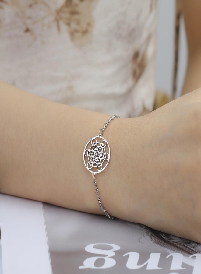 EUEAVAN Metatron Cube Sacred Geometry Bracelet Cosmic Symbol Metatron Pendant Art Flower of Life Stainless Steel Jewelry Woman (A-silver) - Image 2