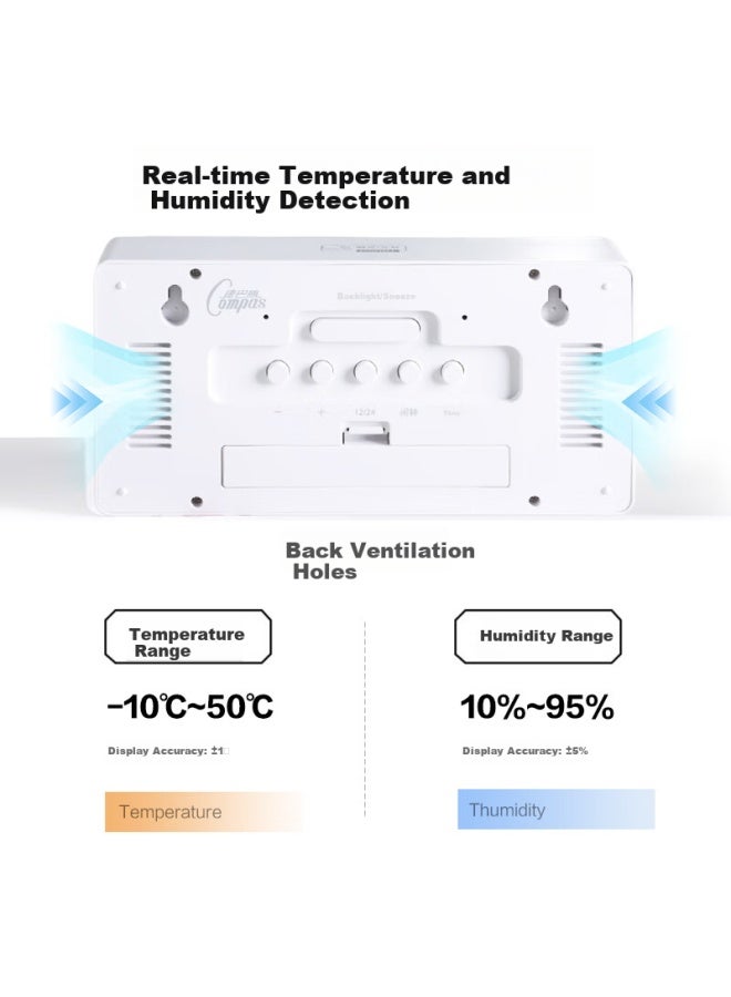 Compas Electronic Alarm Clock With Backlight, Loud Alarm, Smart Home Use, Multi-Function Thermometer And Hygrometer, Large Screen Bedside Clock, Essential For Back To School Season, S5040A White - Image 3