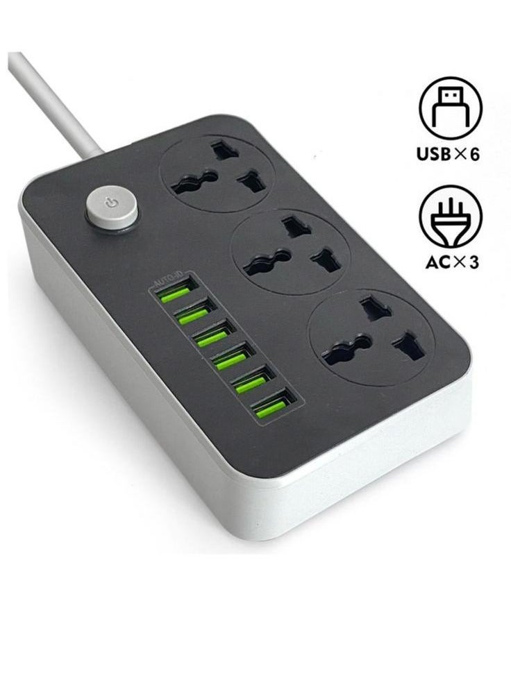Power Cord 3 Outlets Charging Socket with 6 USB Ports Universal Charging Socket 2M Bold Extension Cord - Image 1